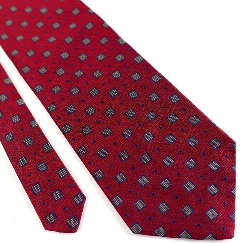 Jos A Bank Red Geometric Houndstooth Woven Short Wide Silk Tie